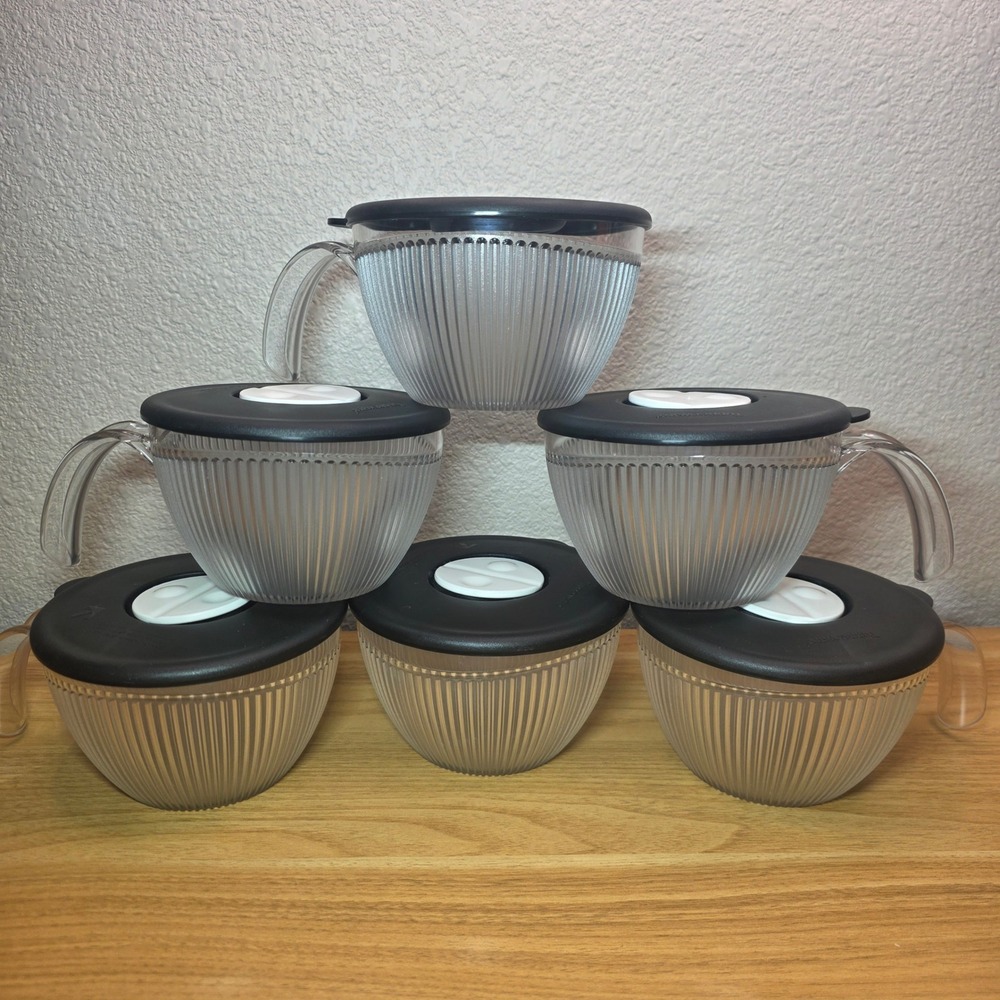 6 Tupperware 5201A-3 Microwave Vent 'N Serve Round Soup Mug 500ml Black Lid